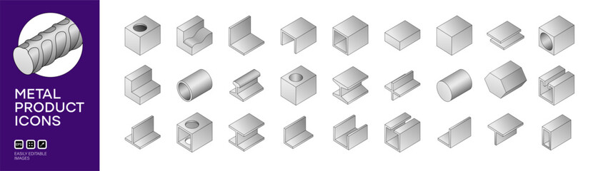 Steel products icon set in isometric style. Metal product icons set, steel angle, channel, rail, i beam, flat metal bar, steel tube, pipe, rebar. Isometric 3D icons illustration