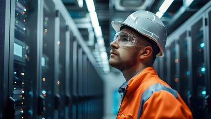 A young engineer in a data center server room. Concept Technology, Data Center, Engineering, Young Professional, Networking