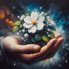 A hand holding a flower, painting on canvas.	