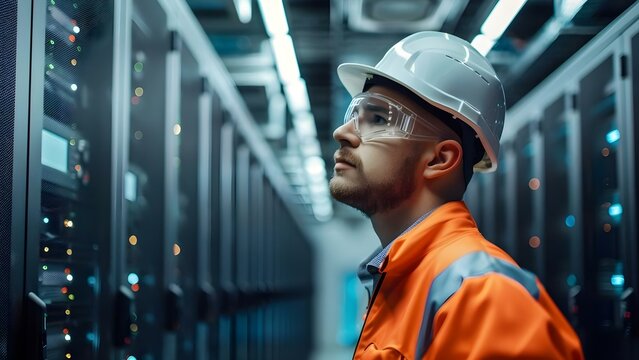 A young engineer in a data center server room. Concept Technology, Data Center, Engineering, Young Professional, Networking