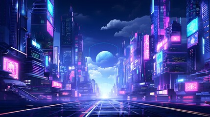 Futuristic city at night with neon lights. 3d rendering