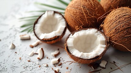 Fresh coconuts split open on a textured white surface  