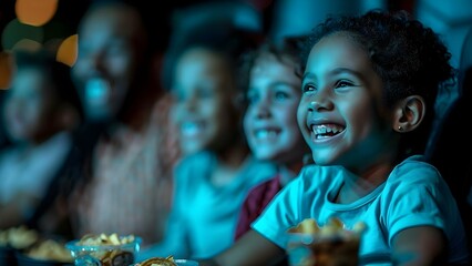 Multicultural family enjoying movie night at the theater with snacks and laughter. Concept Movie Night, Multicultural Family, Snacks, Laughter, Theater