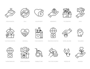 Altruism icon set in modern outline style. Containing charity, help, goodwill, caring, generosity, kindness, empathy, alms, donation, benevolence etc. Vector charity line icons set.
