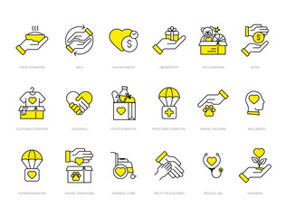 Yellow altruism icon set in modern outline style. Containing charity, help, goodwill, caring, generosity, kindness, empathy, alms, donation, benevolence etc. Vector charity line icons set.