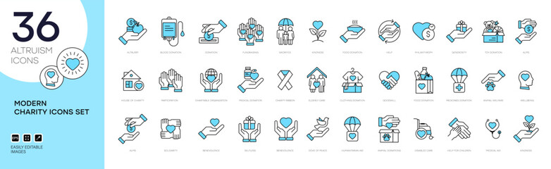 Altruism icon set in modern outline style. Containing charity, help, goodwill, caring, generosity, kindness, empathy, alms, donation, benevolence etc. Vector charity line icons set.