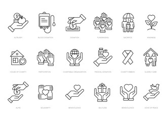 Altruism icon set in modern outline style. Containing charity, help, goodwill, caring, generosity, kindness, empathy, alms, donation, benevolence etc. Vector charity line icons set.