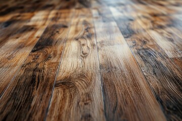 Close-up view of a newly installed wooden laminate flooring with detailed floorboards.