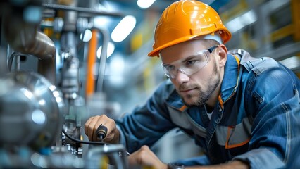 Maintenance Engineer Wearing Hard Hat Working at Factory Station. Concept Factory Maintenance, Hard Hat Safety, Engineer Work, Industrial Equipment, Factory Station