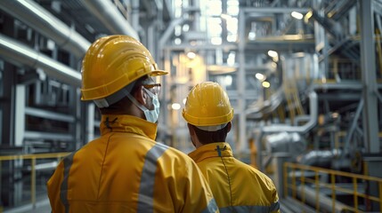 Professional Technicians Wear Protective Equipment And Hard Hats In A Large Industrial Setting, Background HD For Designer        