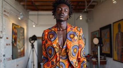 Stylish African American male model in a vibrant printed suit posing in an art studio