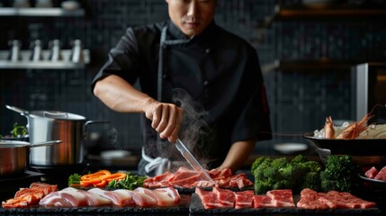 A chef presenting a selection of premium meats and seafood for a hot pot feast, showcasing the variety and indulgence of the dining experience.