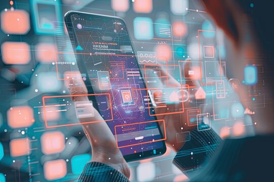 Interactive demos of mobile app development platforms like Flutter, React Native, and Xamarin, showcasing their cross-platform capabilities, UI components