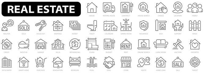 Real Estate minimal thin line web icon set. Realty, property, mortgage, home loan and more. Editable stroke. Vector illustration