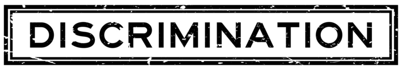 Grunge black discrimination word square rubber stamp in white background