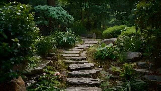 stone steps path through lush greenery in ancient Japanese garden, zen rock walkway concept