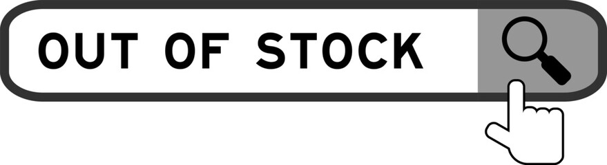 Search banner in word out of stock with hand over magnifier icon on white backgroun