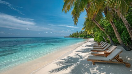 White sand with palm trees and emerald sea. A heavenly place to relax. Luxurious tropical landscape. Beautiful exotic summer beach background for design.