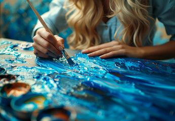 Obraz premium A woman is painting a blue canvas with a brush. She is using a blue paint and has a blue brush