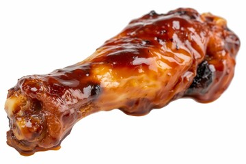 Close-up view of a single barbecued pork rib with shiny glaze, isolated on white background