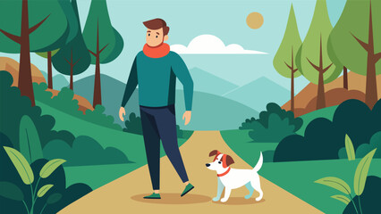 A man strolling through a peaceful woodland trail with his energetic Jack Russell trotting alongside him.. Vector illustration