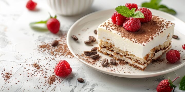 Slice of tiramisu topped with raspberries and a mint leaf, dusted with cocoa on a white plate with coffee beans scattered around