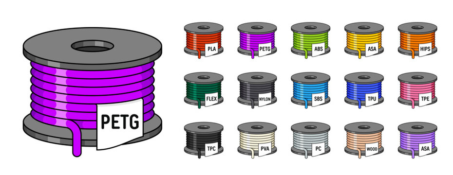 Set of icons with colorful 3d printing filament spools with labels for text. Isometric icon. Premium quality 3D printer filament isolated on white background. Vector illustration