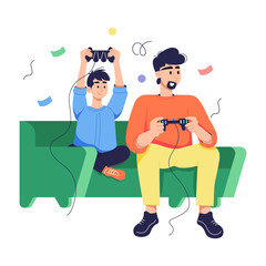 Father and son enjoying video gaming, flat illustration