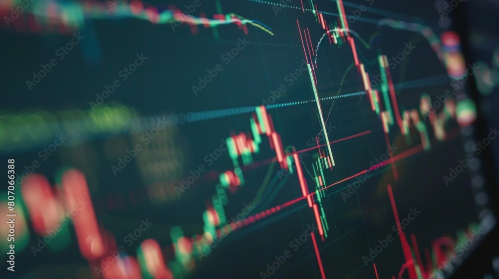 Fototapete A close-up of a computer screen showing a candlestick chart with indicators, representing technical analysis and trading strategies in the stock market.