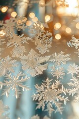 Frost snowflake on the mirror window panes create a essence of Chrismas and Winter mood and tone at soft beige hues in the morning light.