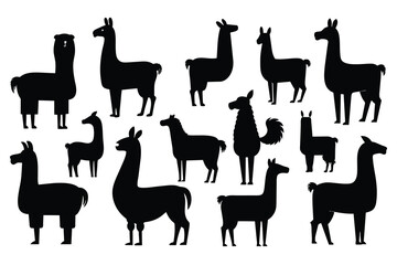 Set of Llama black Silhouette Design with white Background and Vector Illustration
