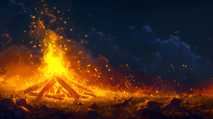 gradient background blending from golden yellow to burnt orange, mirroring the radiant warmth and splendor of a crackling bonfire under the night sky