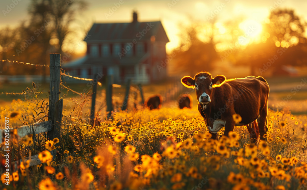 Wall mural A cow is standing in a field of yellow flowers. The cow is surrounded by other cows and is looking to the right.