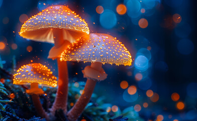 Three mushrooms are lit up in the dark, creating a warm and inviting atmosphere.