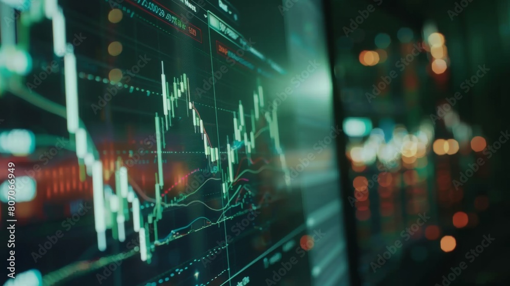 Fototapete A close-up of a computer screen showing a candlestick chart with indicators, representing technical analysis and trading strategies in the stock market.