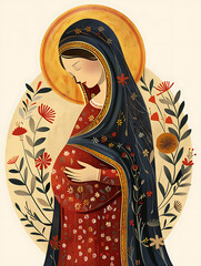 Pregnant Mary, Our Lady Virgin Mary waiting for a baby. Biblical illustration