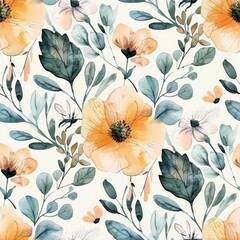 Elegant Watercolor Floral Pattern with Peach Blooms and Foliage