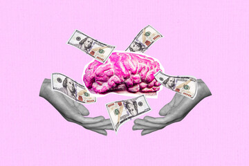 Creative picture collage human brain cash banknotes hundred dollars benjamin franklin portrait...