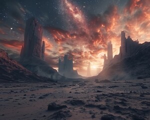 Experiment with a blend of digital CG 3D art and photorealistic textures to depict a vast, desolate wasteland under a mesmerizing, otherworldly sky, combining dystopian and surrealism themes with inno