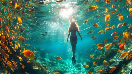 Woman diving with tropical fish in sunlit ocean