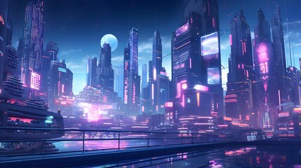 Futuristic city at night. Panoramic view of skyscrapers and high-rise buildings. 3d rendering
