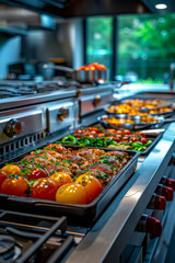 A kitchen counter with a variety of food items, including tomatoes, peppers, and chicken.