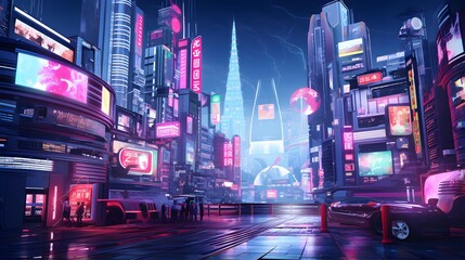 3D rendering of a futuristic city in the evening with neon lights