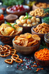 A variety of snacks are displayed in wooden bowls on a counter.