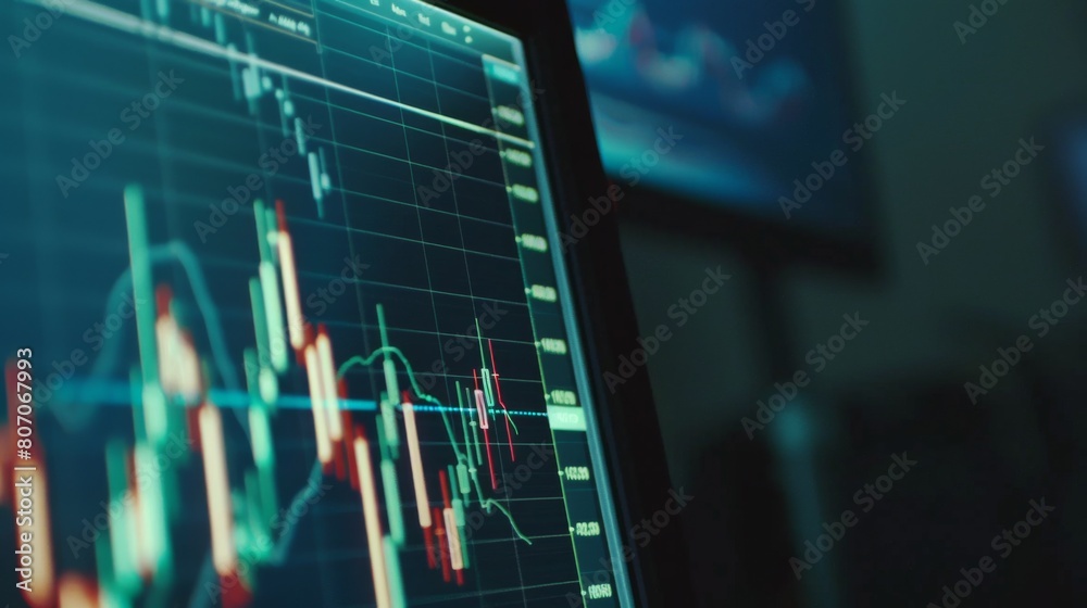 Fototapete A close-up of a computer screen showing a candlestick chart with indicators, representing technical analysis and trading strategies in the stock market.