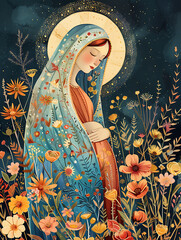Pregnant Mary, Our Lady Virgin Mary waiting for a baby. Biblical illustration