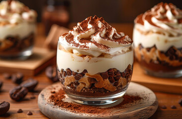 A dessert with chocolate and whipped cream is sitting on a wooden table. The dessert is in a glass and has a lot of whipped cream on top