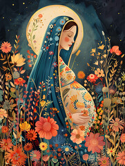 Pregnant Mary, Our Lady Virgin Mary waiting for a baby. Biblical illustration