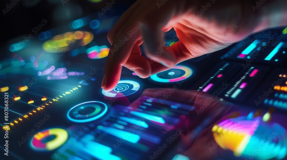 Poster a close-up of a hand adjusting a colorful infographic on a digital screen, symbolizing data manipula