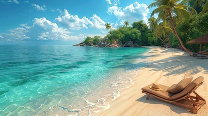 White sand with palm trees and emerald sea. A heavenly place to relax. Luxurious tropical landscape. Beautiful exotic summer beach background for design.